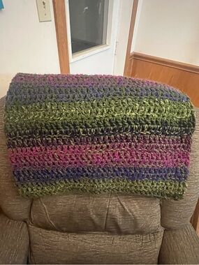 Handmade Crocheted Throw Blanket - Green, Purple, Pink Stripes